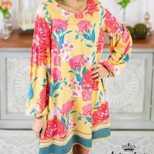 Yellow floral print, long bell sleeve dress